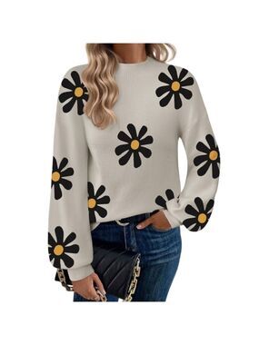 ZEAGOO WOMEN'S FLOWER SWEATER OATMEAL LONG SLEEVE BLACK YELLOW SIZE MEDIUM NWT